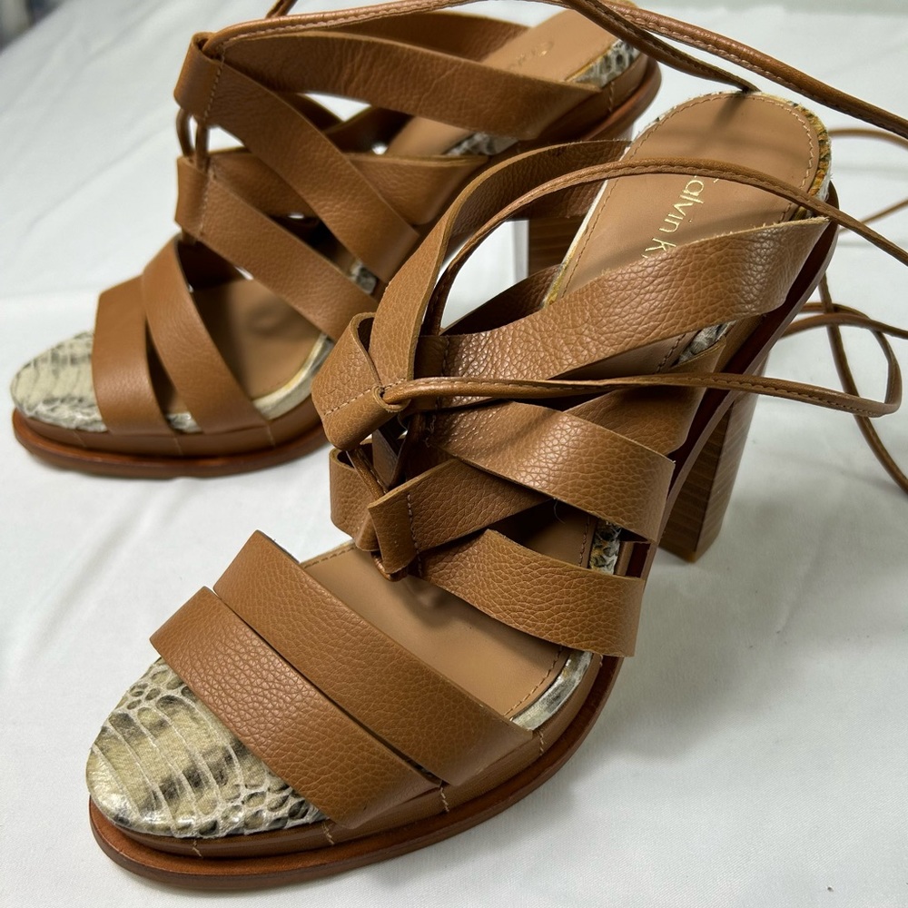 Calvin Klein Panelope Toscana Almond Tan Leather Strappy Sandals Women’s 8.5 NEW - Picture 3 of 9